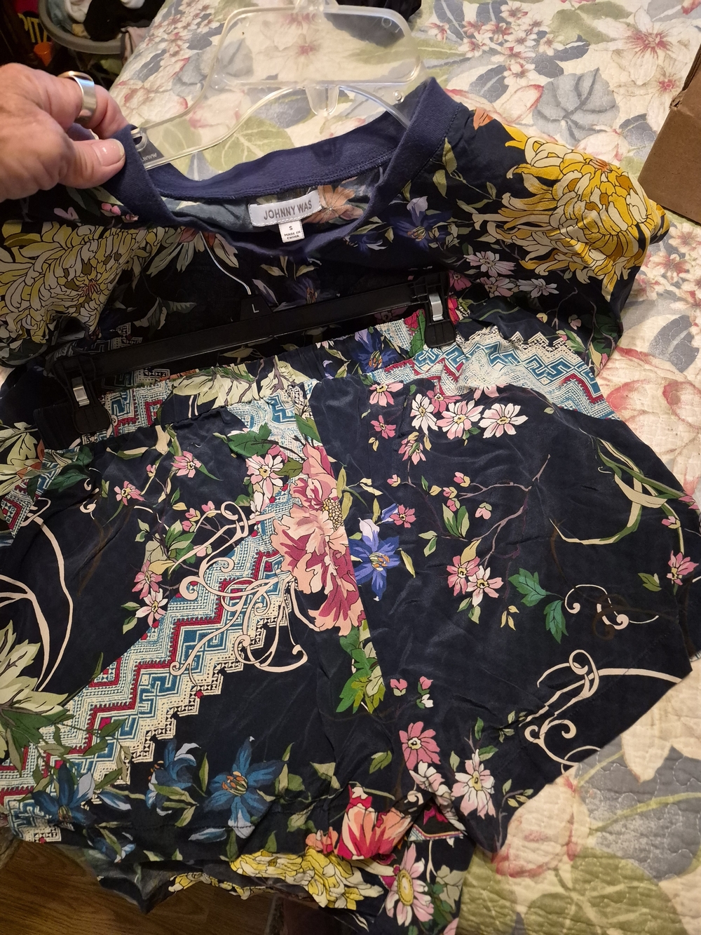 Johnny Was Navy Floral Pajama Set with Multicolor Blooms 100% Silk